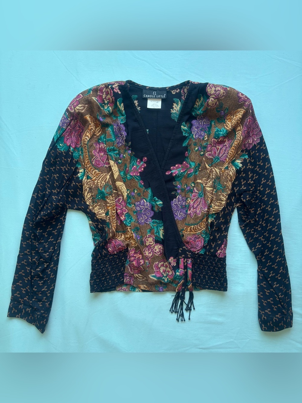 Carole Little Vintage Black Floral Wrap Blouse 8